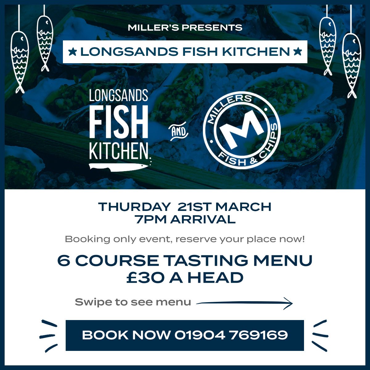 MillersHaxby's tweet photo. Delighted to announce our next collab with Simon Walsh from @LongsandsFish. We've designed a super sustainable six course tasting menu that we're extremely proud of for Thursday 21st March and we can't wait! #PopUpNight https://t.co/HjZq8VpCFb