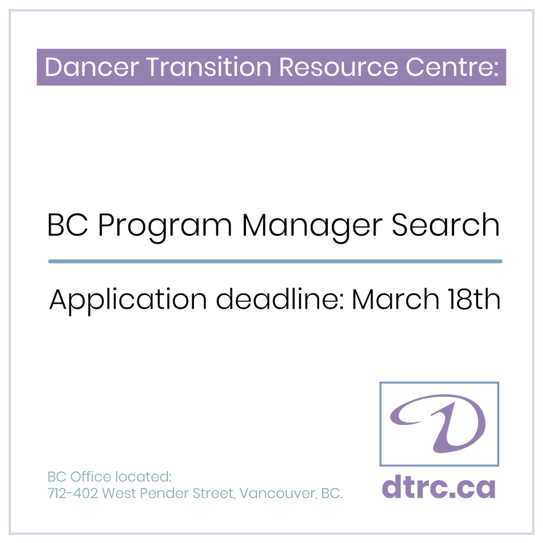 DTRC -  BC PROGRAM MANAGER SEARCH
Position Type: Part-time (approx. 30/wk)
Job location: DTRC BC Office, downtown Vancouver           
Application deadline: March 18, 2019

#dance #transition #vancouver #bc #programmanager #job #jobpost
bit.ly/DTRCBCPROGRAM