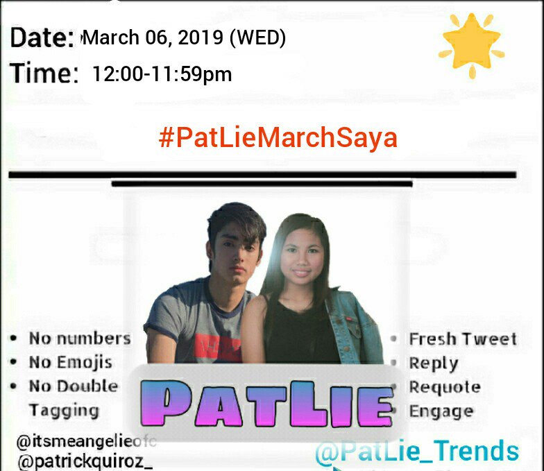 Patlieofficial's tweet photo. Hashtag for today!
#PatLieMarchSaya

Tweet your masaya moments with PatLie.
@itsmeangelieofc 
@patrickquiroz_ https://t.co/bAFMQftl0i