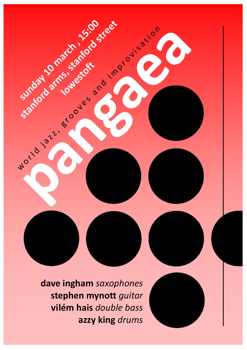 bill_hone's tweet photo. "World #Jazz" band Pangaea perform in #LOWESTOFT, #Suffolk this weekend Sunday, 10 March, 3pm @StanfordArmsPub
The band's line-up:
Dave Ingham (#tenorsaxophone and #sopranosaxophone / piano), Stephen Mynott (#guitar), Vilém Hais (#doublebass), Azzy King (#drums). https://t.co/sdVepAGvC7