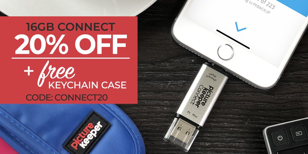HUGE SAVINGS ON OUR MOST POPULAR CONNECT!! 

16GB Connect is 20% off + you get a FREE Keychain! PK 16GB Connect for iPhone and iPad is a perfect way to save your memories! Use promo code CONNECT20 in the discount box at checkout. 
picturekeeper.com/collections/mo…