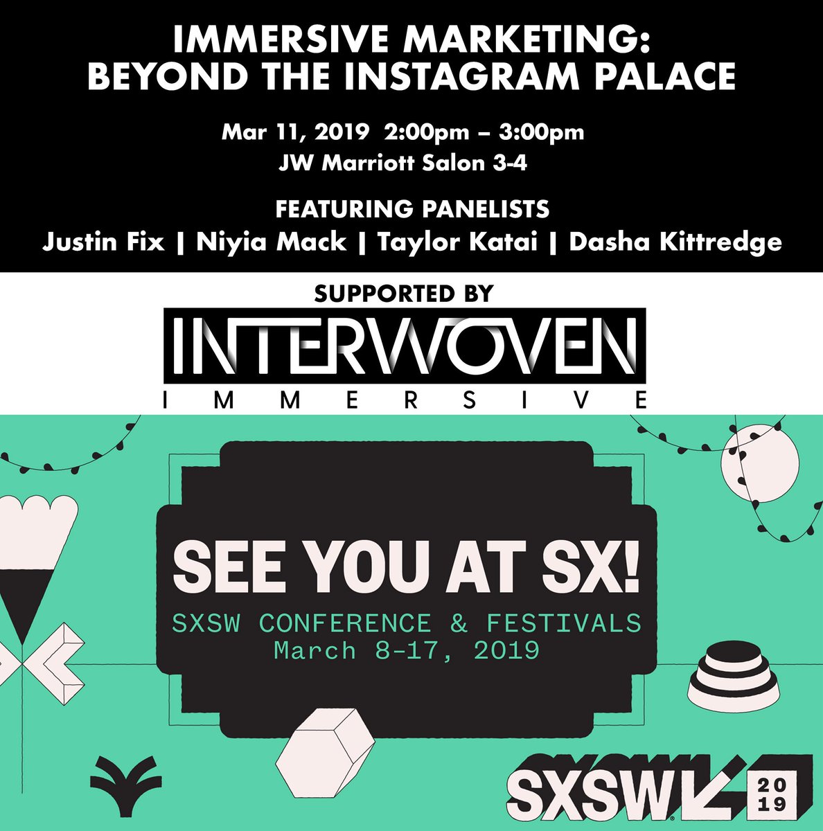 Coming to #SXSW? Join us for our panel presented by our company, @InterwovenImm This is an incredible lineup of intelligent folks. Should be a great conversation! 
#Immersive #ImmersiveMarketing  #ExperientialMarketing #Immersivetheater #SXSWInteractive #SXSWImmersive #SXSW2019