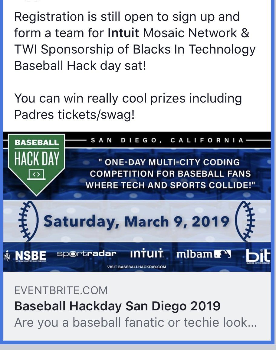 Kimbra727's tweet photo. Register now #BaseballHackDay 3/9! @Intuit @BiT_SanDiego @blkintechnology @NSBE @AthenaSanDiego @GirlsInTechSD @women_designing @GDISD @freshbrewedtech @StartupSanDiego @Padres @SDlifechanging @HeraHub @SHPEUCSD @UCSDJacobs @SDSU @uofsandiego @WicsUCI https://t.co/WlbS3DiaWT