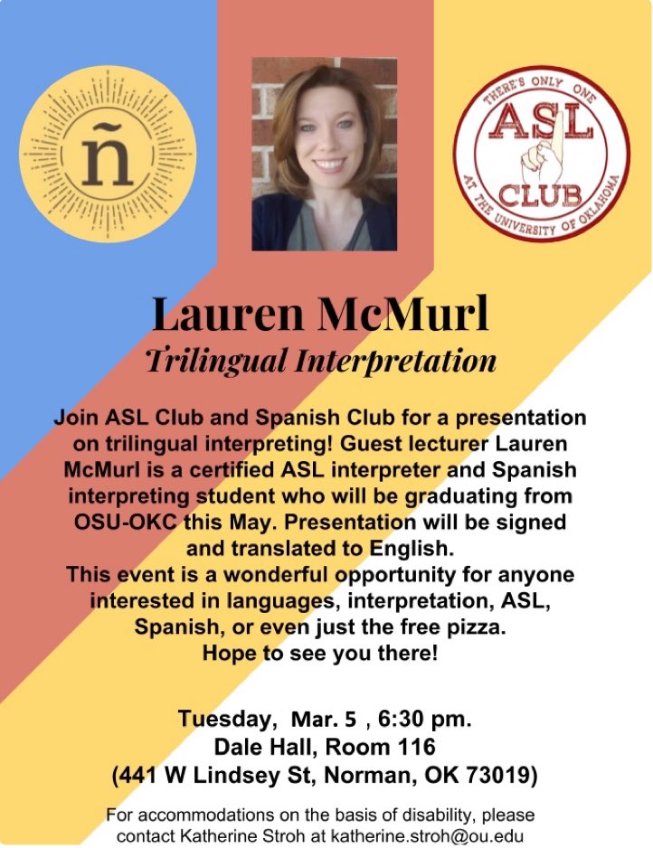Join us for our meeting tonight, co-hosted by <a href="/OU_ASL_CLUB/">OU ASL CLUB</a> ! Learn the ins and outs of trilingual interpretation, get some free 🍕, and feel super smart afterwards. Nos vemos pronto!