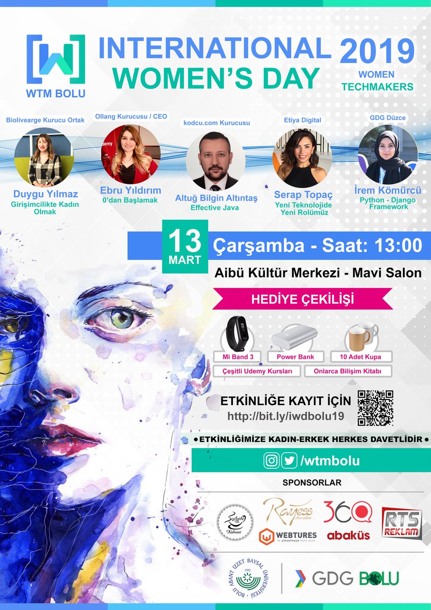 gdgbolu's tweet photo. 13 Mart Çarşamba günü Bolu Abant İzzet Baysal Üniversitesi Mavi Salon’da düzenlenecek olan WTM IWD’19 etkinliğimize katılımlarınızı bekliyoruz. 🙋♂🙋♀🎊 .🎉
#wtm #wtmbolu #gdg #gdgbolu #internationalwomensday https://t.co/tZz8DZQn8o