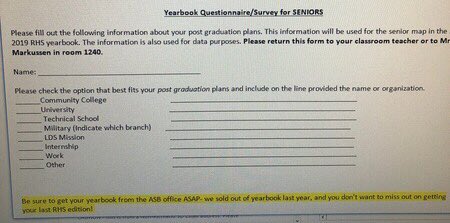 Running Start Seniors! Yearbook needs your help!! Ask Mrs. Markussen for this form or send your responses to toree.markussen@rsd.edu by FRIDAY 3/8!