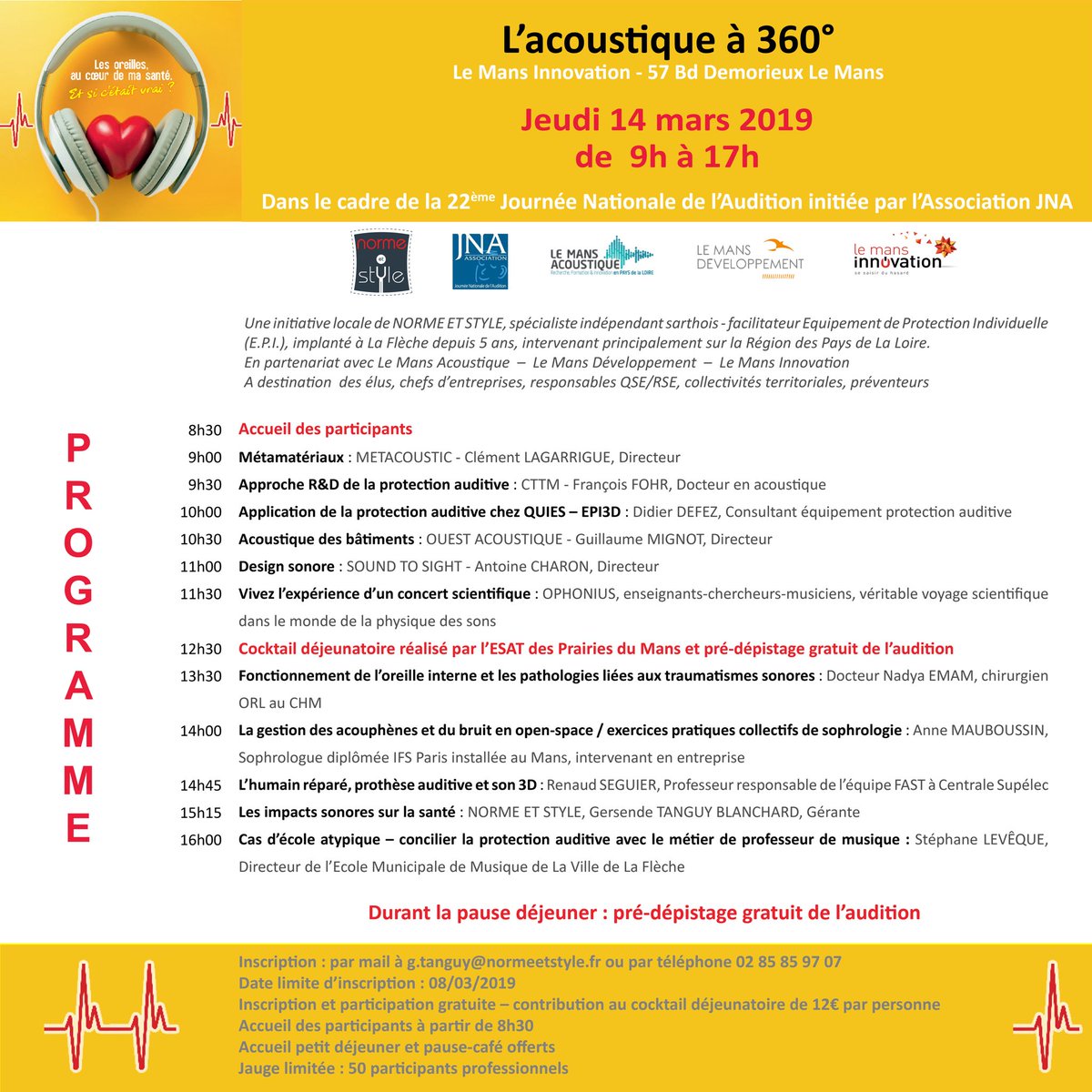 🔊Dans le cadre de la Journée Nationale de l’#Audition 🎧<a href="/jna_association/">Association Nationale de l’Audition</a> ▶️ Conférence « l’#Acoustique à 360 degré » 
Jeudi 14 Mars dès 8h30 rdv <a href="/LeMansInnov/">Le Mans Innovation</a> à l’initiative de Norme &amp; Style en partenariat avec <a href="/LeMansAcoustiqu/">Le Mans Acoustique</a> @LeMansDev #Santé #DesignSonore @CTTM_LeMans #LeMans