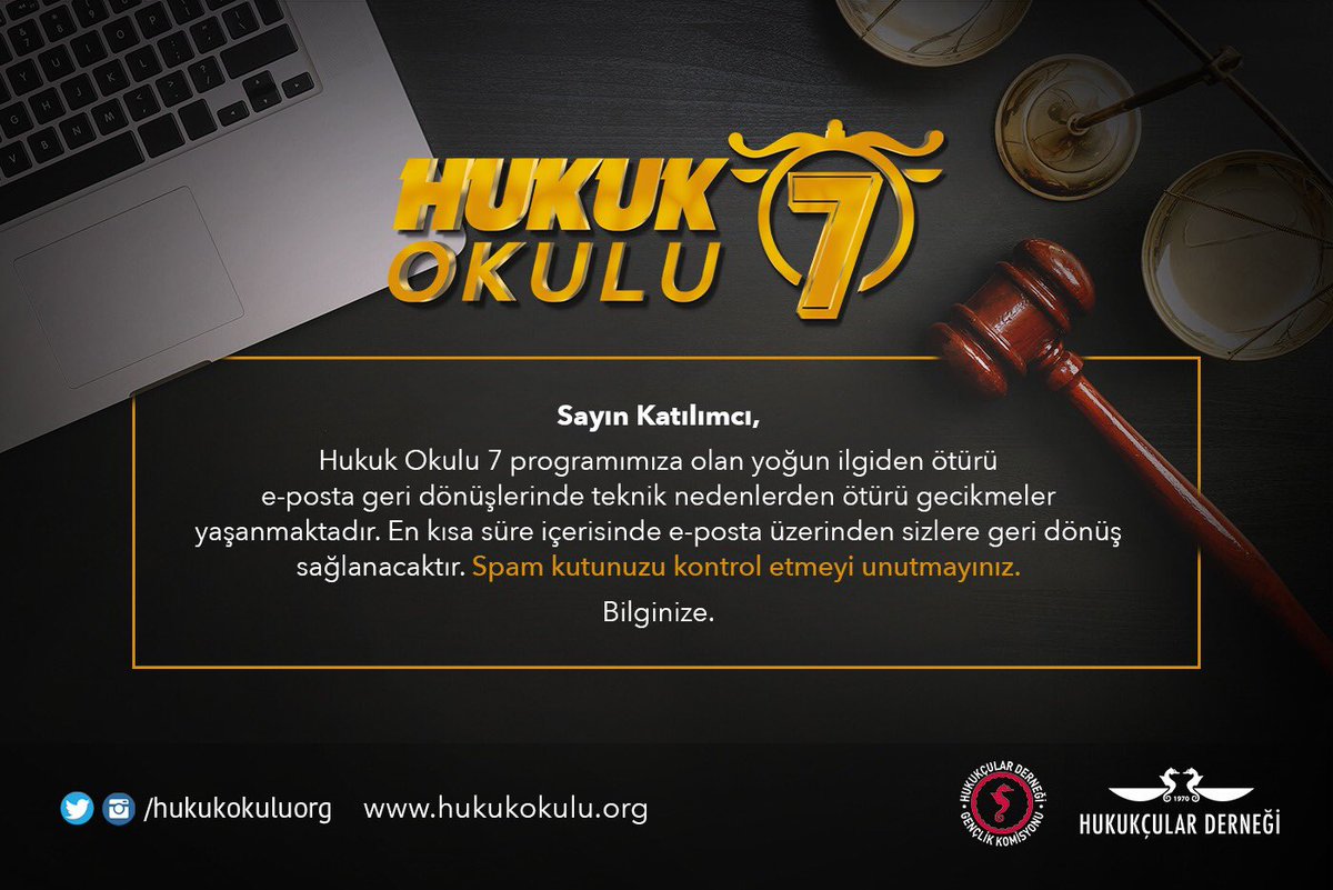 Eğer hala kayıt olmadıysanız, başvurularımız devam ediyor!
Detaylı bilgi ve kayıt:
🌐 hukukokulu.org

Başvuruda bulunanlar için mesajımız var!

E-posta geri dönüşlerimiz en kısa sürede tamamlanacak, gelen kutunuz ile birlikte spam kutunuzu da kontrol etmeyi unutmayınız!