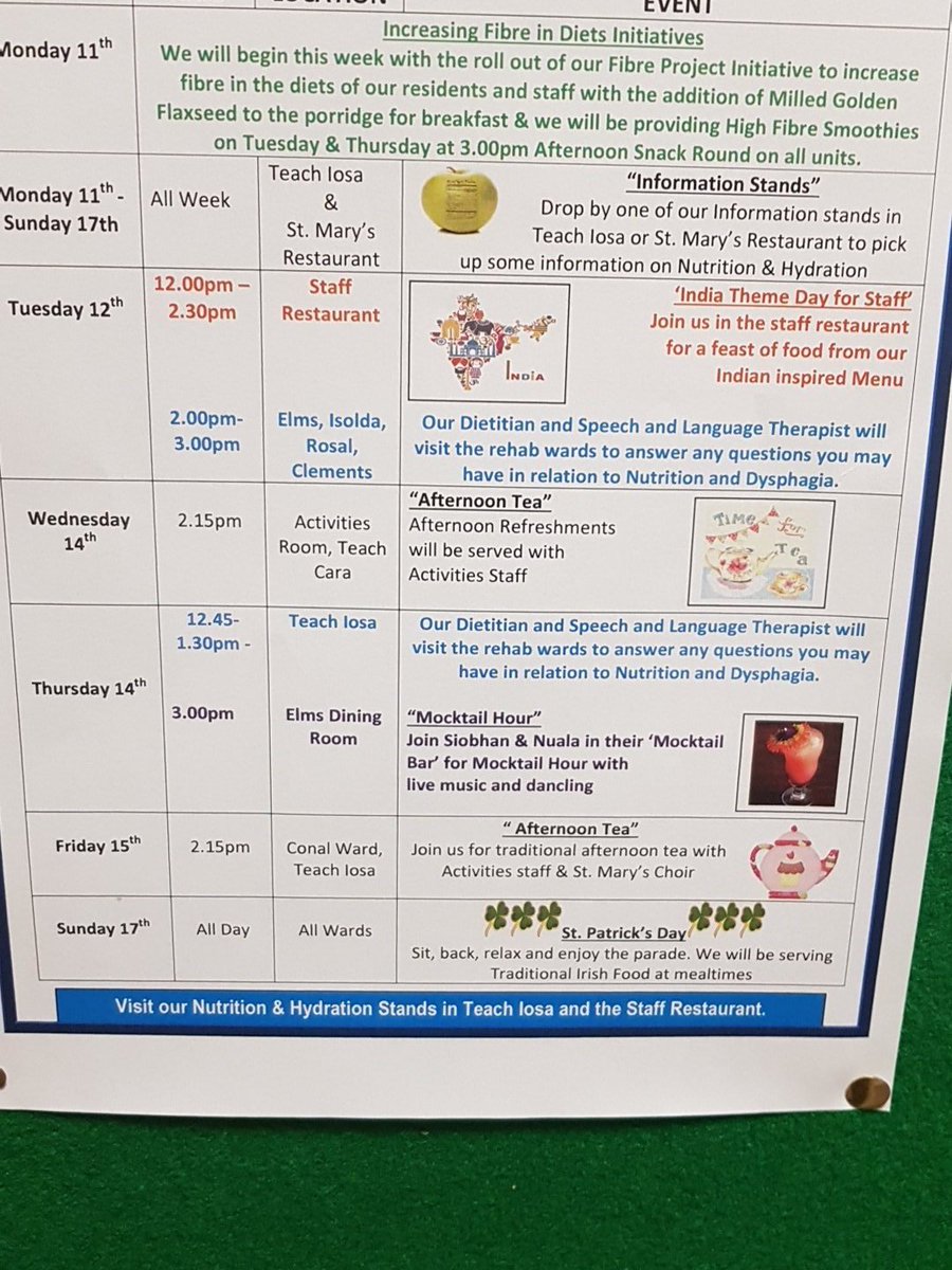 AilishLe's tweet photo. In St. Marys we finalised  our events &amp; are using @NHWeek to roll out #FibreProject initiative with addition of Flaxseed to porridge at breakfast and serving High Fibre Smoothie on Tues and Thurs at 3pm Snack Round @SheenaR19 @a_nifhaolain @Simone20893469 #FoodIsMedicine #Fibre https://t.co/GcAjTNEJy8