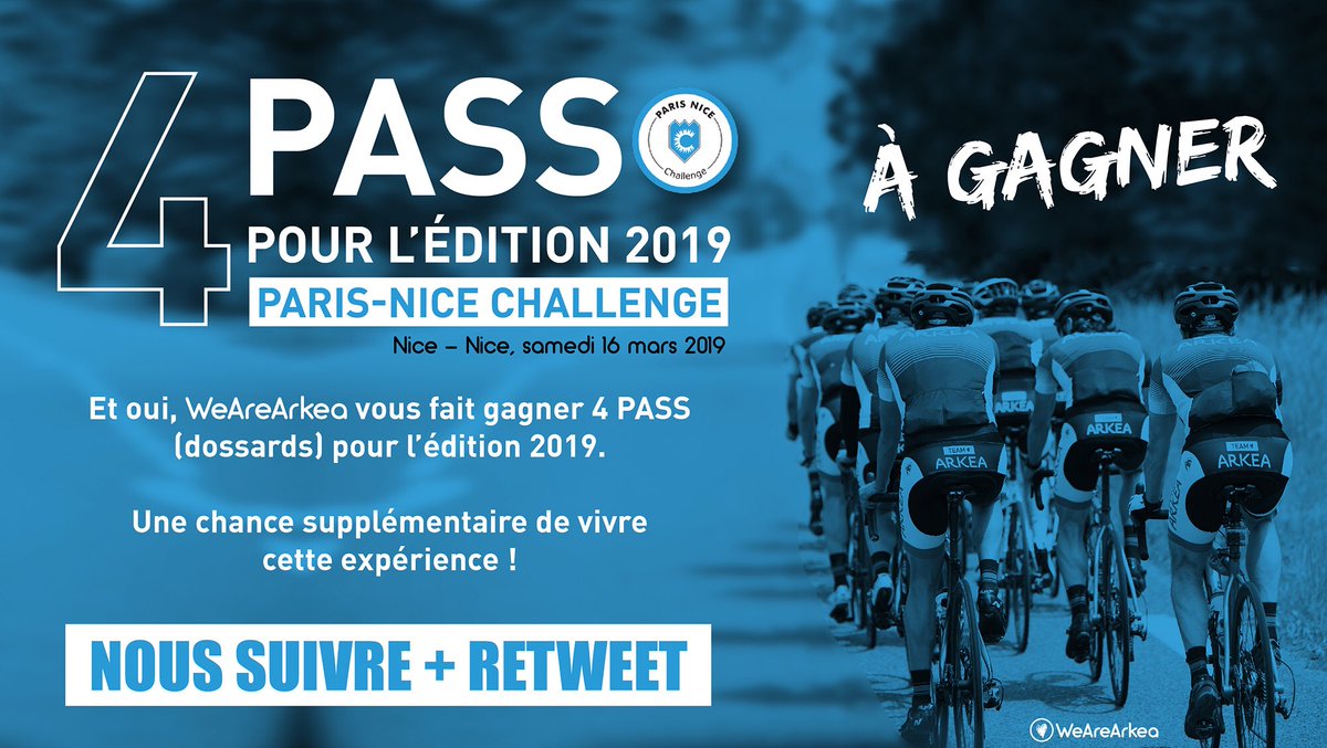 WeAreArkea's tweet photo. 🚴‍♂️ Paris-Nice Challenge 🚴‍♂️

🎟 JEU-CONCOURS FLASH 🎟
#WeAreArkea vous offre la possibilité de remporter l’un des 4 PASS en jeu pour l’édition 2019 du @ParisNiceCh !

📱| Follow @WeAreArkea 
🔄| RT ce post

Bon courage à tous 🍀 C’est maintenant 😉
#SportAtWork https://t.co/WjaK2UUZPi