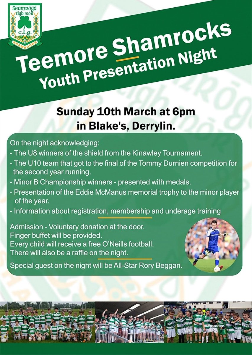 Join us to celebrate our teams achievements in 2018 and hear about our plans for 2019! 

Special guest on the night is Monaghan Goalkeeper and 2018 All Star @RoryBeggan1! ⭐

A night not to be missed! 🍀