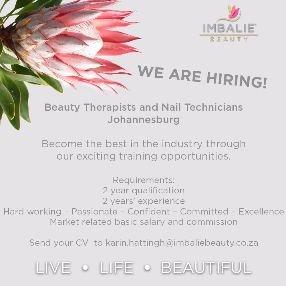 Please send your CV's through to Karin.Hattingh@imbaliebeauty.co.za
#ImbalieBeauty