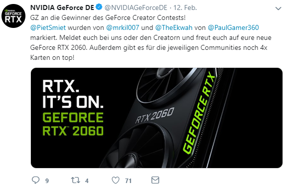 Ekwah (@theekwah) on Twitter photo Leute! Ihr habt bei <a href="/NVIDIAGeForceDE/">NVIDIA GeForce DE</a> den Creator Contest gewonnen und damit hab' ich die Möglichkeit 4 RTX 2060 Karten an euch zu verlosen.
Retweet zum mitmachen + followed rein, damit ich euch benachrichtigen kann. Bis zum 9.3 läuft das ganze!
Viel Glück 👊
#werbung (vllt ka) Leute! Ihr habt bei <a href="/NVIDIAGeForceDE/">NVIDIA GeForce DE</a> den Creator Contest gewonnen und damit hab' ich die Möglichkeit 4 RTX 2060 Karten an euch zu verlosen.
Retweet zum mitmachen + followed rein, damit ich euch benachrichtigen kann. Bis zum 9.3 läuft das ganze!
Viel Glück 👊
#werbung (vllt ka)