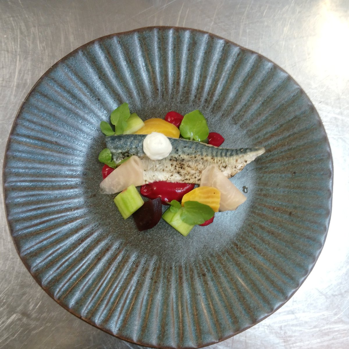 Scorched mackerel, beets, compressed cucumber, horseradish.
#newmenu #bromleychefs #bromleycourthotel #kent #london