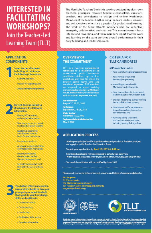 Interested in facilitating workshops? Join the Teacher-Led Learning Team (TLLT). The next recruitment round is underway. Apply by April 15, 2019. #TLLT @mbteachers