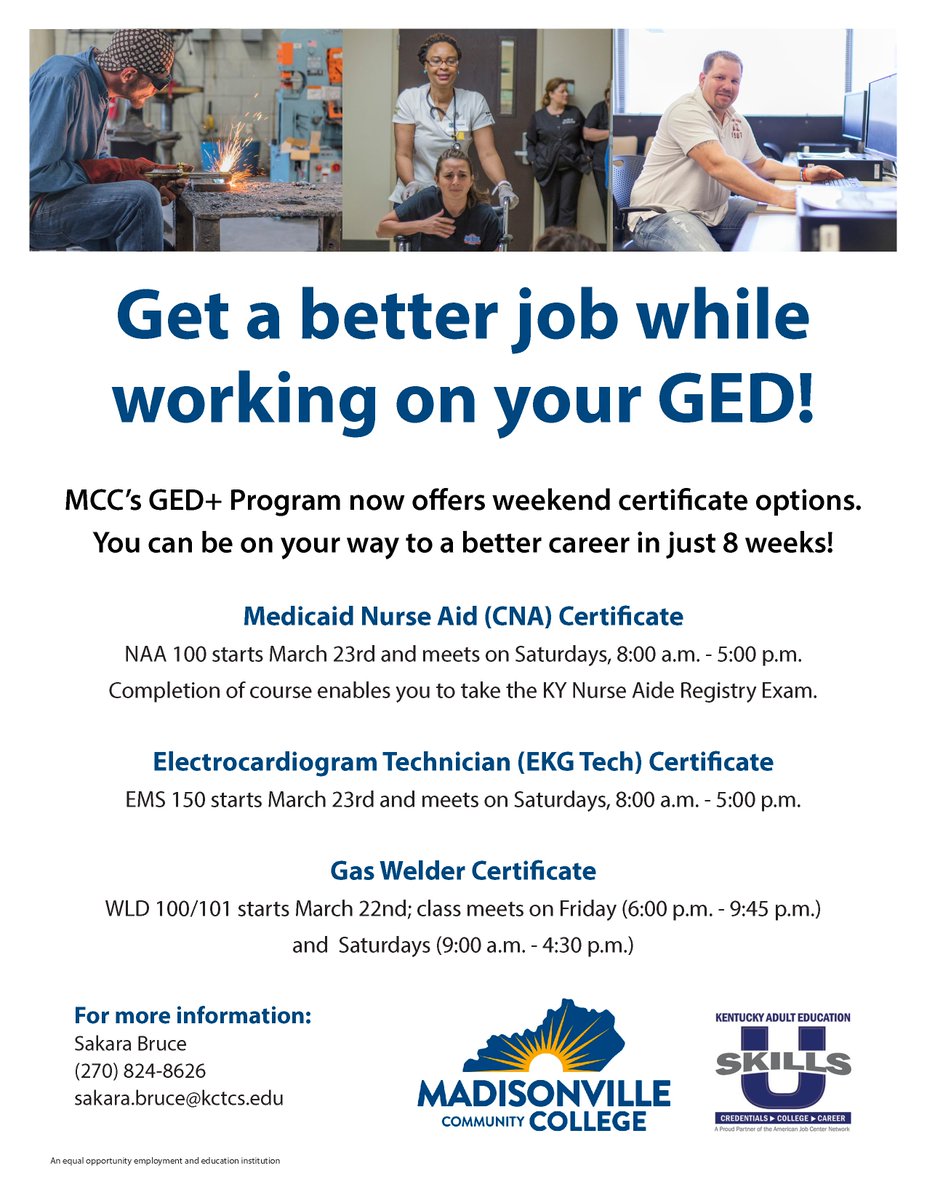 madisonvillecc's tweet photo. Check out our Friday/Saturday classes starting soon - these are open for all students including those in our new GED+Plus program. Now is the time to make your way toward a better life! #MCCFORWARD https://t.co/X821MCDPSz
