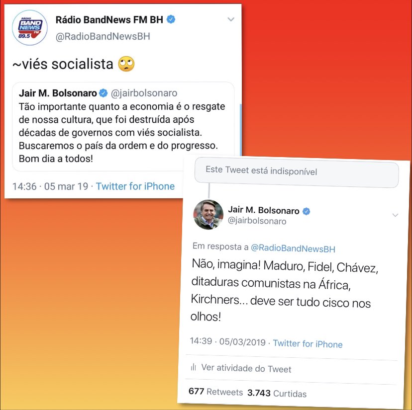 jairbolsonaro's tweet photo. A @RadioBandNewsBH tentou zombar de nossa escrita como se outros governos não tivessem o viés socialista, respondemos até com educação, mas infelizmente, o perfil apagou o post. Segue o print com a verdade: https://t.co/y8elifzAt4