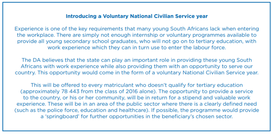 Our_DA's tweet photo. DA Youth Leader speaks about the Voluntary National Civilian Service year in the #DAmanifesto. 

A years paid work experience for matriculants who do not make it in to tertiary education. 

Our priority is giving young South Africans access to opportunities! #expressions

👇🏾👇🏾👇🏾 https://t.co/xA5G4DB0S3