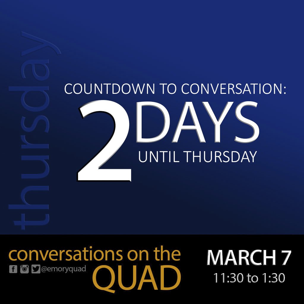 EmoryQuad's tweet photo. The countdown is on! Conversations on the Quad is just two days away. Join us this Thursday in Convocation Hall for a discussion on honor and get the chance to mingle with your peers over lunch. Dean of Oxford College, Doug Hicks, will give the keynote at noon. See you there! https://t.co/HFnIZK0siq
