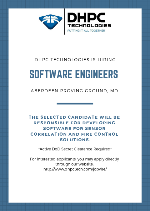 DHPC_TECH's tweet image. #DHPC is seeking a #SoftwareEngineer in Aberdeen Proving Ground, #Maryland. The successful candidate will be working in an office and laboratory supporting critical DoD missions. 

If qualified &amp;amp; interested, apply now or refer a friend! 

dhpctech.com/jobvite/?p=job…