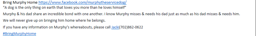 BuchananReport2's tweet photo. "Murphy" was lost when his Veteran was taken to the hospital by ambulance. His owner's final wish is to have him home again. Please share! https://t.co/y8xyZ7nCFx