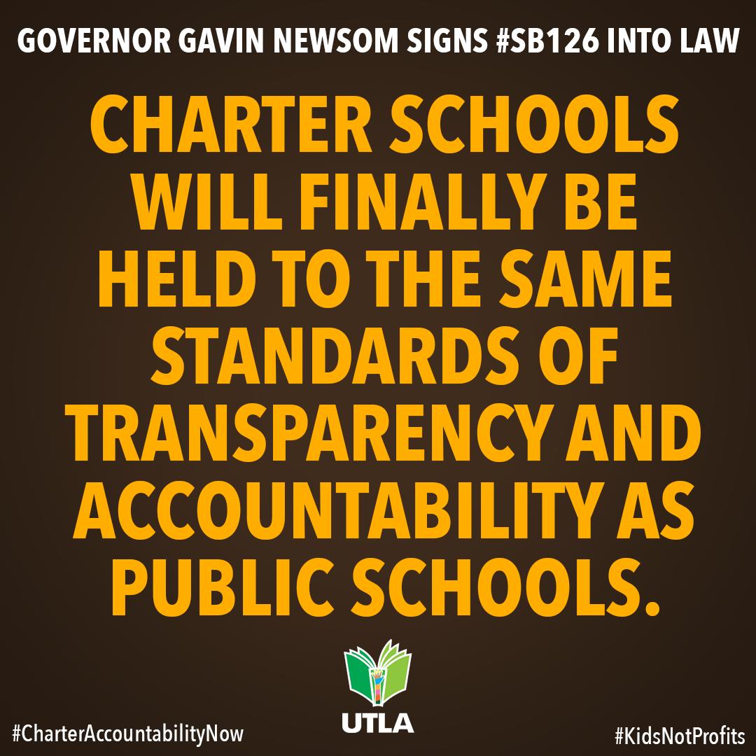 UTLAnow's tweet photo. Today Gov. Gavin Newsom signs #SB126 into law. Charter schools will finally be held to the same standards of transparency and accountability as public schools. Victory for students, parents, and educators! ✍️☑️ #KidsNotProfits #CharterAccountabilityNow https://t.co/OLHnM8wqwB