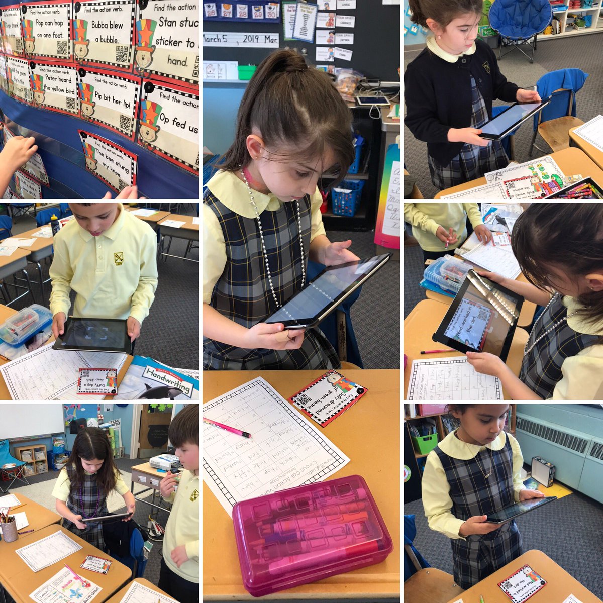 DeniseGertz's tweet photo. 2nd grade students working on finding verbs in sentences. They were using QR code readers on the iPads to scan codes and self check their answers. Keeping learning fun! #ssppwtby #grammarlesson #teamgertz1819 #ipadsintheclassroom #qrcodesintheclassroom https://t.co/WkXqSl04r3