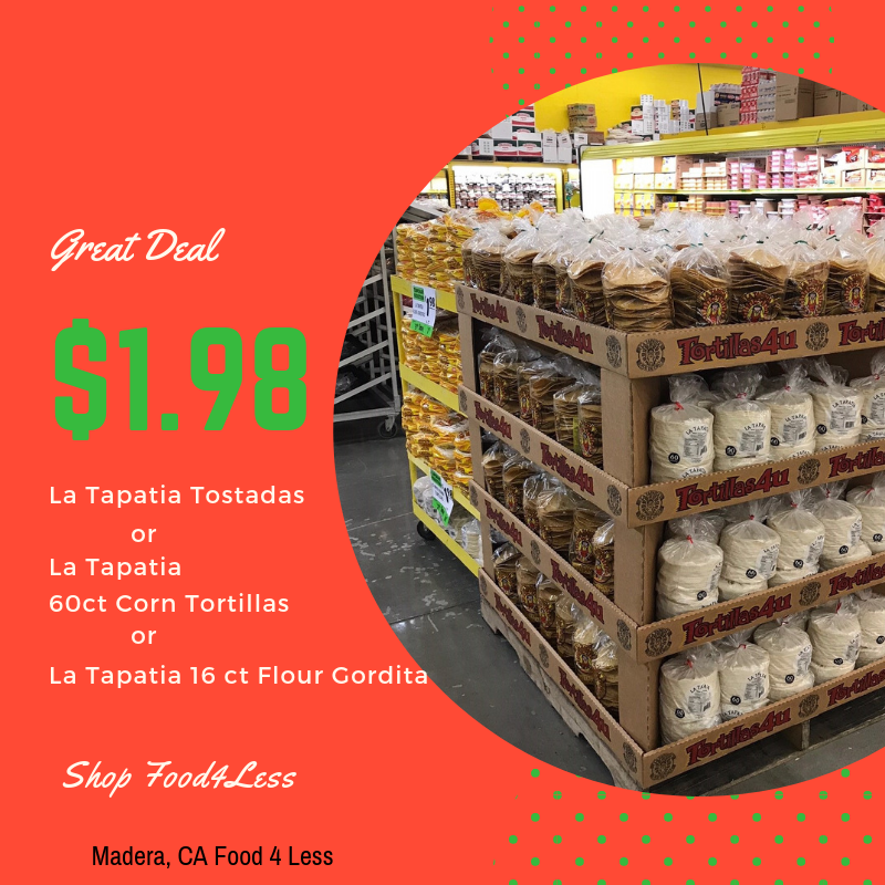 Tortillas4u's tweet photo. Donβt miss this great deal at a local Food 4 Less! $1.98 for La Tapatia 16 ct Gordita, La Tapatia Tostaditas, or 60ct La Tapatia Corn Tortillas. #Tortillas4u #LentWeek https://t.co/bRzUHnISCv