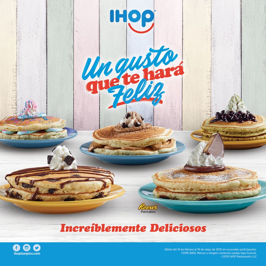 IHOPtampico's tweet photo. Tus sueños más dulces ahora son realidad en #IHOPtampico, ven y prueba los nuevos pancakes Reese's® , Brownie Bites, Cotton Candy, Matcha Cherry y Tiramisú😋 Aplican restricciones. https://t.co/59cjkboPWS