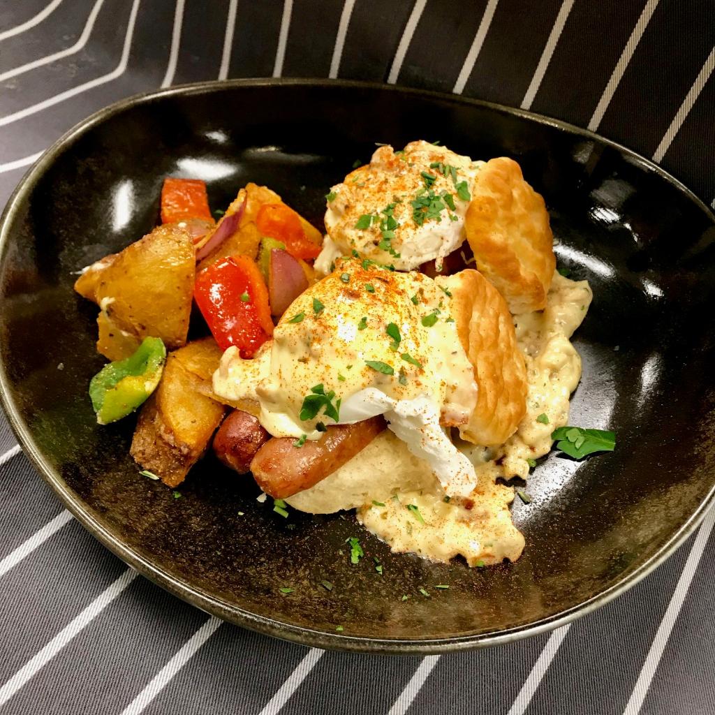 Behold the newest breakfast special at TusCa! #biscuits and #sausage #gravy #benedict #yum