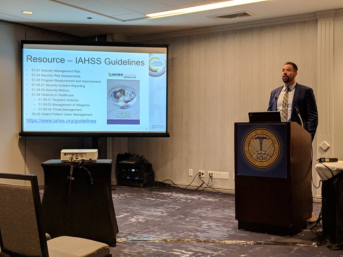ColleenKuceraUD's tweet photo. @iahss Board member Jonathan Westall presenting at @ACHEConnect today on preventing workplace violence in his facilities and IAHSS resources available. https://t.co/Ppc3Ghsv4U
