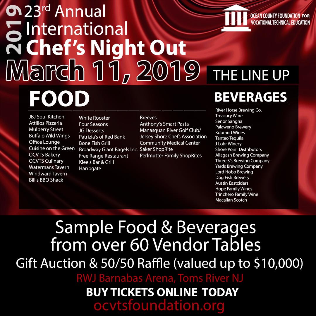 OCVTS's tweet photo. IT'S NOT TO LATE! GET YOUR TICKETS TODAY
Check Out The Lineup
2019 Chef's Night Out (March 11th) Sample food & beverages from over 60 vendors, 50/50 valued up to $10,000 & Gift Auction. Tickets https://t.co/Gro8ttQYYX #oceancounty #tomsriver #ocvts #cno2019 #njchefs #njbrewery https://t.co/kvu0amaDkI
