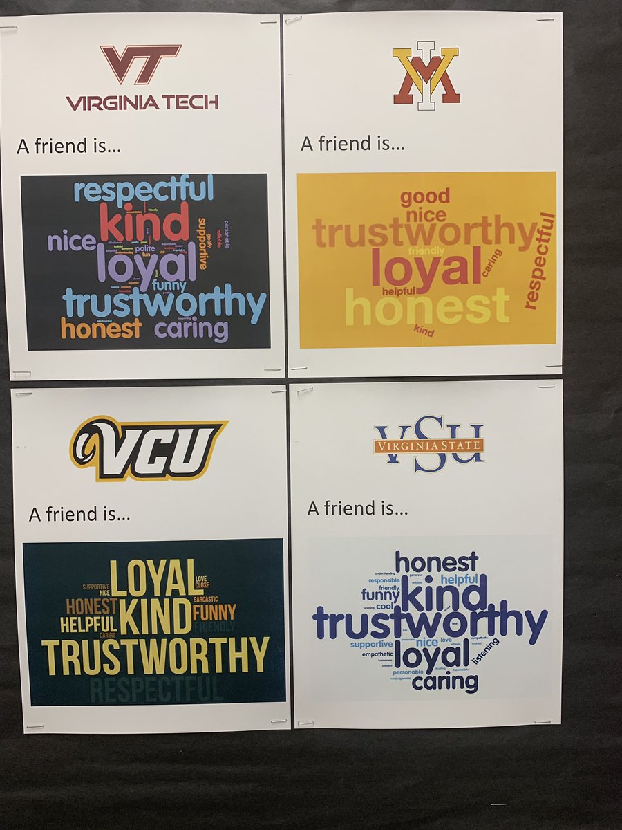 TechMomVB's tweet photo. So pleased with the Word Clouds our @BaysideMSVBCPS 8th graders created for #DigitalLearningDay2019 ! What words describe a good friend? Excited to post these in each homeroom! #vbits @MsPeeJay @VBAggie93 @sarapmendez1 @cwhinsch https://t.co/NIJqVorGRv
