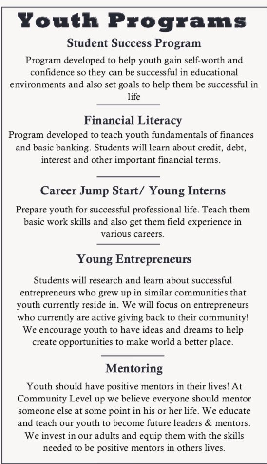 level_community's tweet photo. Youth Programs we offer! More information contact: Mdaniels@CommunityLevelUpInc.org
#CommunityLevelUp https://t.co/ewzsWoDhV2