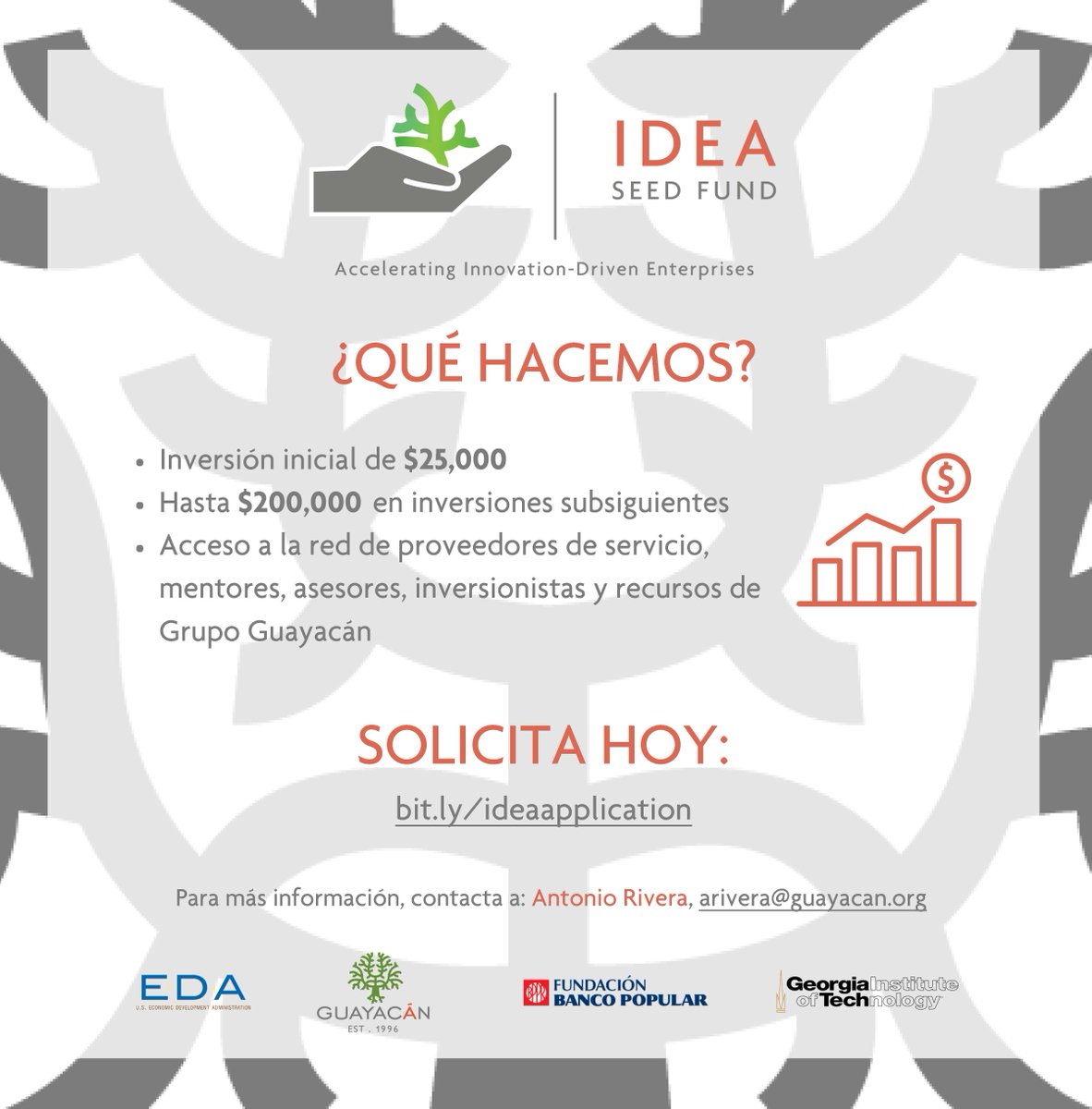 GrupoGuayacan's tweet photo. ¿Tienes un startup o idea innovadora y necesitas capital para hacerla crecer? Solicita al #IDEASeedFund aquí: https://t.co/DdCkdq0Hl9 ¡Juntos seguimos #movingPRforward! https://t.co/lUpUk9ddZw