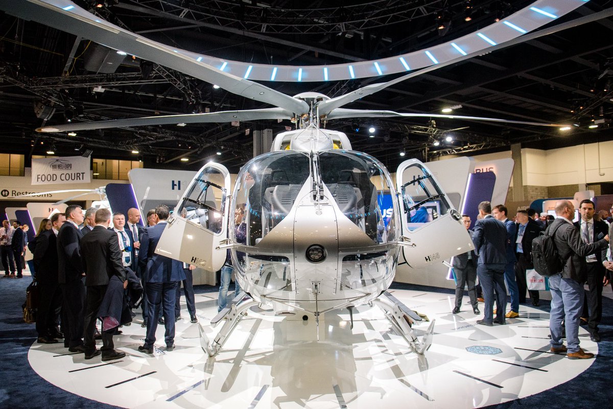 AirbusHeli's tweet photo. Here we are #avgeeks! Quick look on the static display at @HELIEXPO to see the famous #H145 with new, innovative five-bladed rotor, increasing the useful load of the helicopter by 150 kg while delivering new levels of comfort, simplicity &amp; connectivity. #HaiExpo19 #FiveBladeRotor https://t.co/pL16TAMYhS