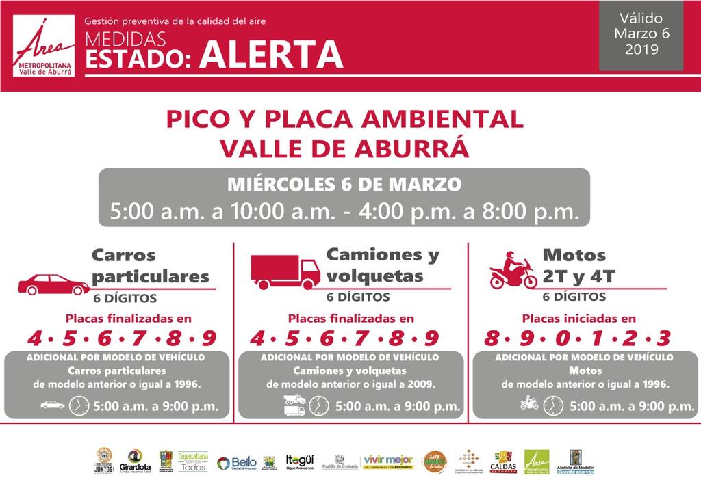 Areametropol's tweet image. Así será el #PicoyPlacaAmbiental que aplicará este miércoles 6 de marzo en los 10 municipios del Valle de Aburrá.

Atentos a las medidas adicionales para los camiones y volquetas de modelos 2009 y anteriores y particulares y motos 1996 y anteriores.

#EstadoDeAlerta.