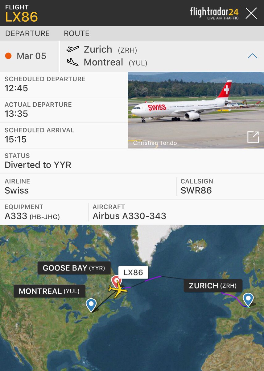 TomPodolec's tweet photo. Update π DIVERSION MEDICAL
Swiss #LX86 from Zurich just departed Goose Bay and continuing its journey to Montreal. Diverted earlier for a passenger medical.
https://t.co/DuNYyNVP02 https://t.co/EjtJJSX1sz