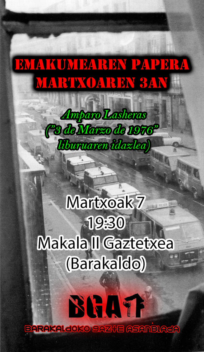 Ostegun honetan (Martxoak 7), 19:30tan, hitzaldia Makala II gaztetxean  <a href="/amparolasheras/">amparo lasheras</a> en eskutik!
Este jueves (7 de Marzo), charla a las 19:30 en el gaztetxe Makala II de la mano de <a href="/amparolasheras/">amparo lasheras</a> 

Charla sobre el papel de la mujer en el 3 de Marzo.

Anima zaitez!