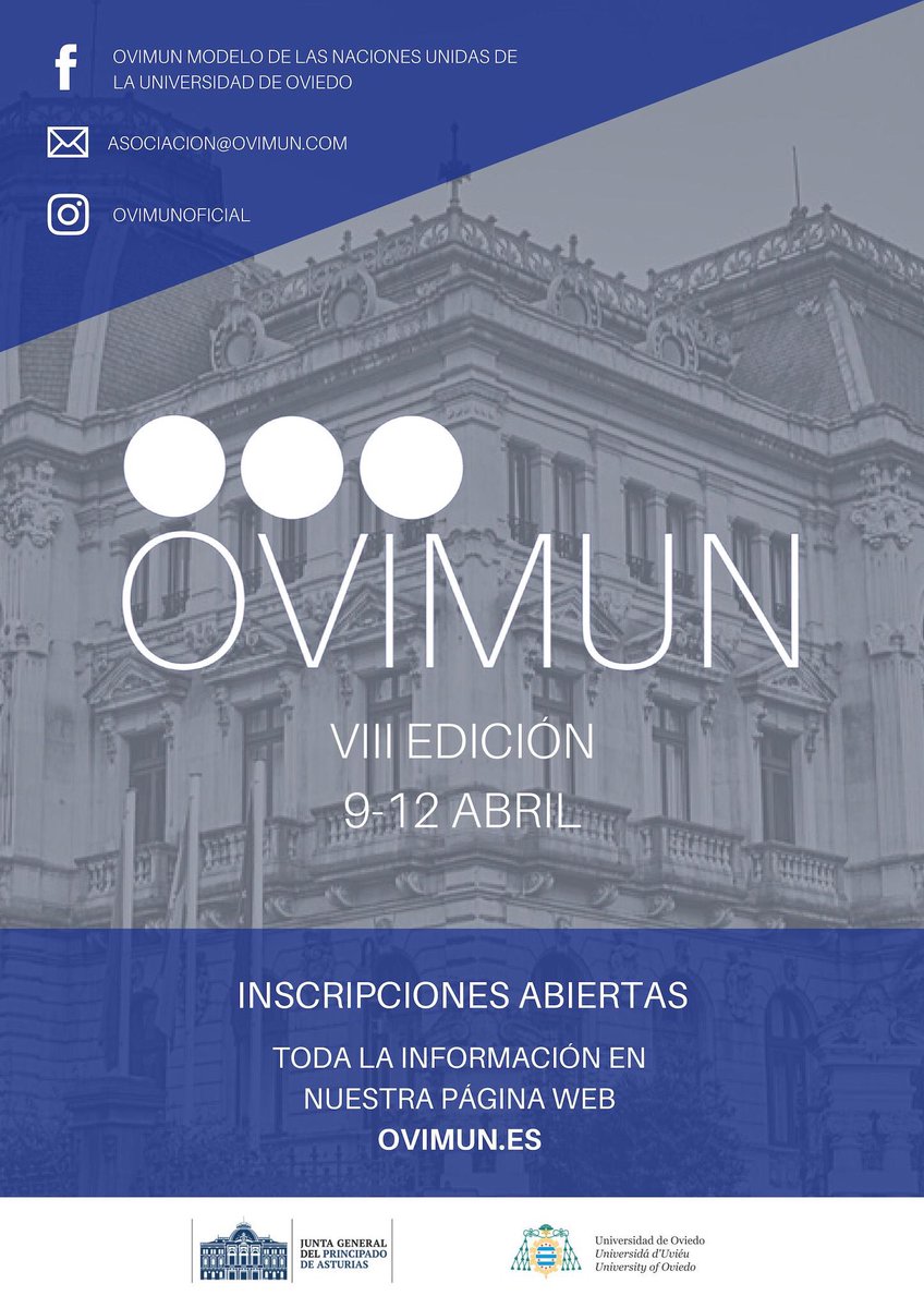 Ovimun's tweet image. Aún quedan plazas para inscribirse en el VIII Modelo de las Naciones Unidas de la Universidad de Oviedo. Ven a participar a un evento organizado por y para jóvenes que viven #ConstruyendoFuturos pacíficos, seguros y sostenibles. 

Más info en ovimun.es