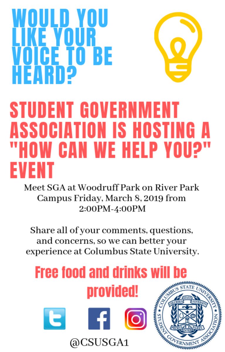 CSUSGA1's tweet photo. Come speak to SGA downtown at Woodruff Park at 2PM Friday, March 8th. https://t.co/6Ld84Q0Q5t