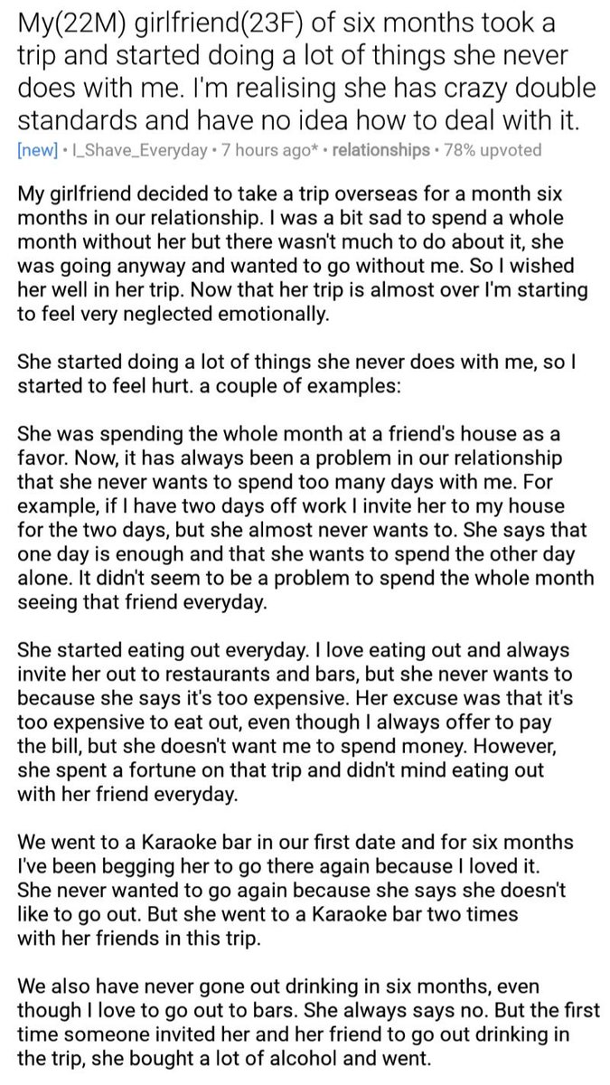 redditships's tweet photo. My(22M) girlfriend(23F) of six months took a trip and started doing a lot of things she never does with me. I'm realising she has crazy double standards and have no idea how to deal with it. https://t.co/U9IHBQ0lGb