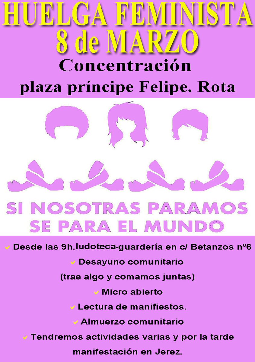 Rota se prepara para este 8 de marzo.

¡MUJER! ¡Para para demostrar que a diario haces mucho, lo imposible, lo necesario!

#1000Motivos
#HuelgaFeminista