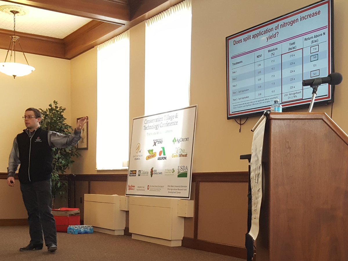 OhioStatePA's tweet photo. Jason Hartshuh discussing N application decisions in the #precisionag session at #CTTC19. Opportunities to improve efficiencies with #agtech. #eFields #NutrientIntel #cfaes https://t.co/wHh7dEn1Gj
