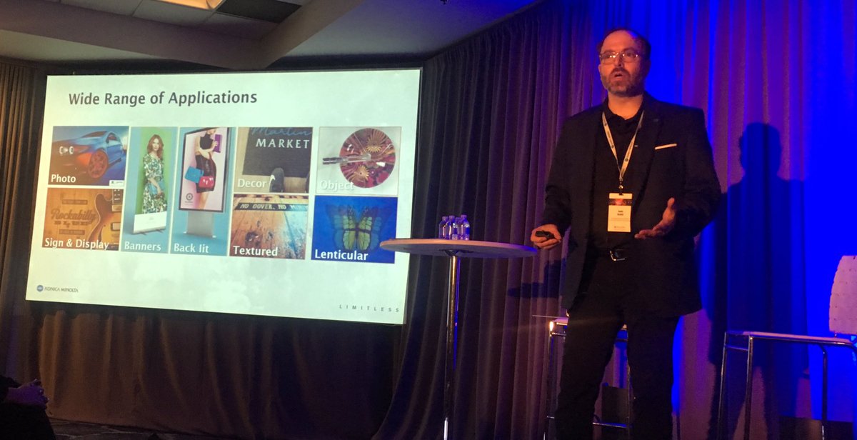 Adrienne_BigPic's tweet photo. . @tsmith048 is sharing the wide range of applications that can be printed via @KonicaMinoltaUS AccurioWide printers from stethoscopes to wallcoverings. #KMDealerCon #KMLimitless https://t.co/IFvSwq68OI