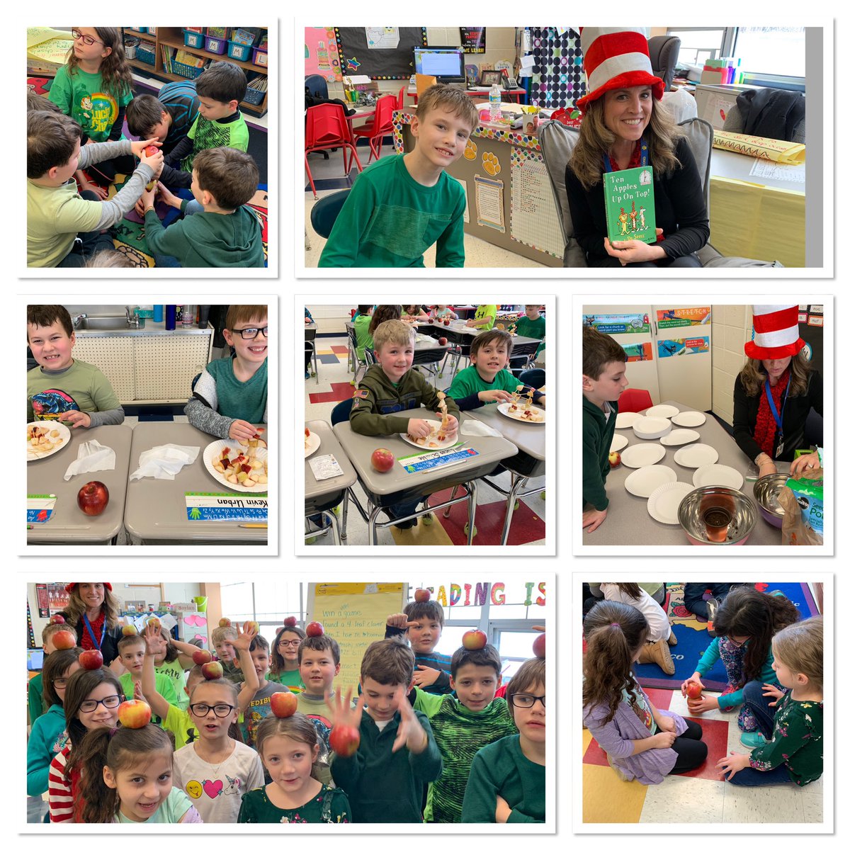 BoylanGrade3's tweet photo. Thank you Mrs. Clymer for being our mystery reader today. We had so much fun balancing apples on our head, building apple towers and planting an apple tree.  Who will be the mystery reader tomorrow??#readacrossamerica2019 https://t.co/2m4s5z0E90