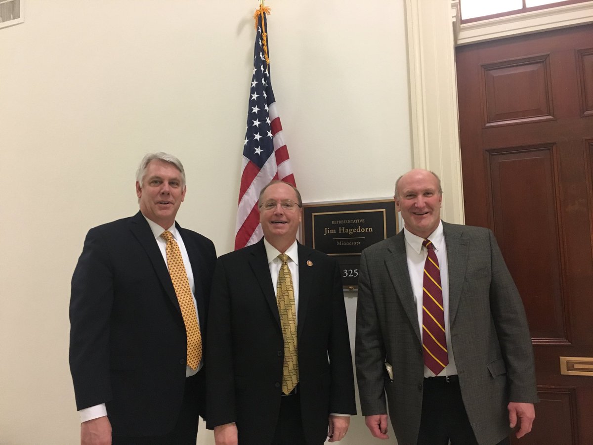 Pat_Duncanson's tweet photo. Congressman Hagedorn meets with U of MN CFANS Dean Brian Buhr and Pat to discuss Land grant funding https://t.co/ATl0aUHx74