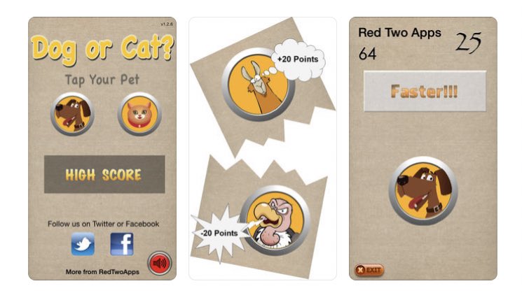 two_apps's tweet photo. Our first iOS App was publish 4 years ago to the day! #indiedev #indiegame #iosclassic
Dog or Cat?
↗️https://t.co/LUnTCPm7Ex https://t.co/aFGIebpS36