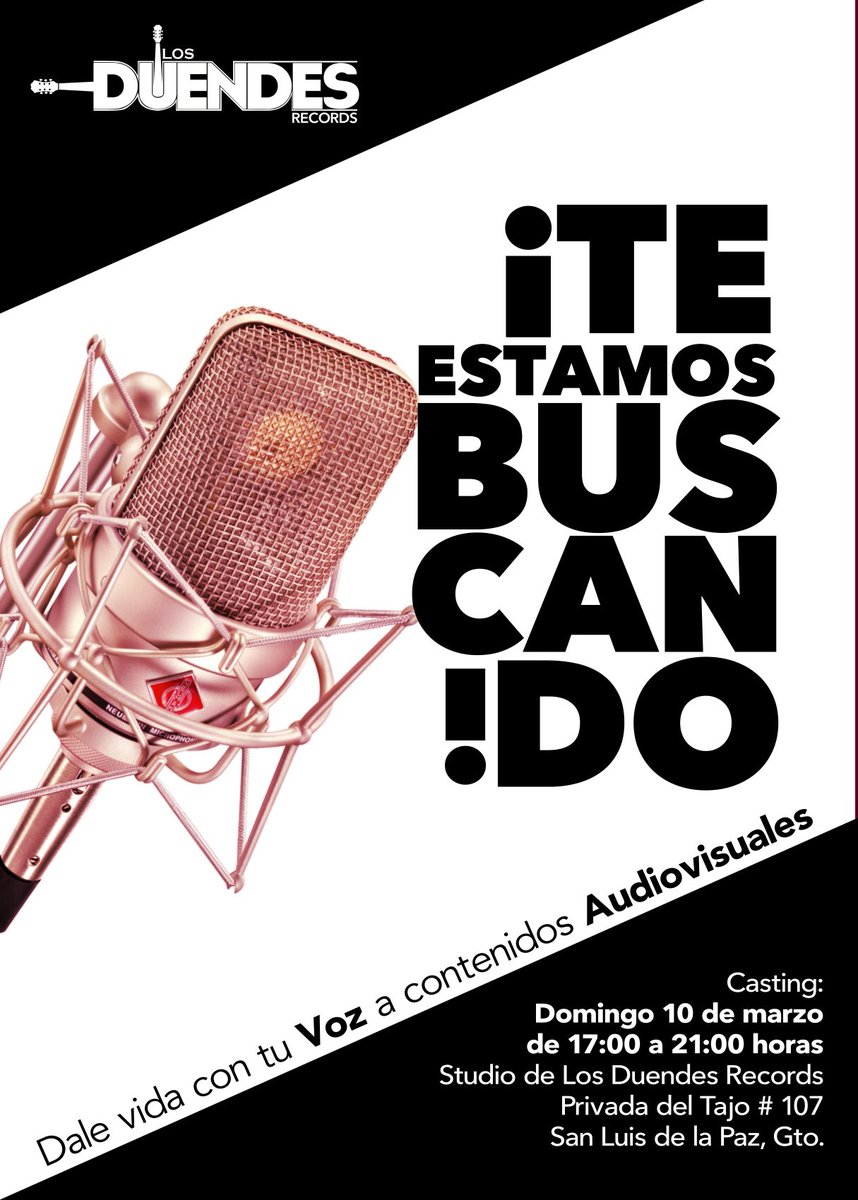 DuendesRecords's tweet photo. Únete a nuestro equipo de trabajo para formar parte de la cartera de voces y narrar: spot publicitarios, documentales, doblajes, cortometrajes, videos animados etc.
Participa en el casting que estaremos realizando el próximo domingo a partir de las 17:00 horas. https://t.co/smiNPrnkOg