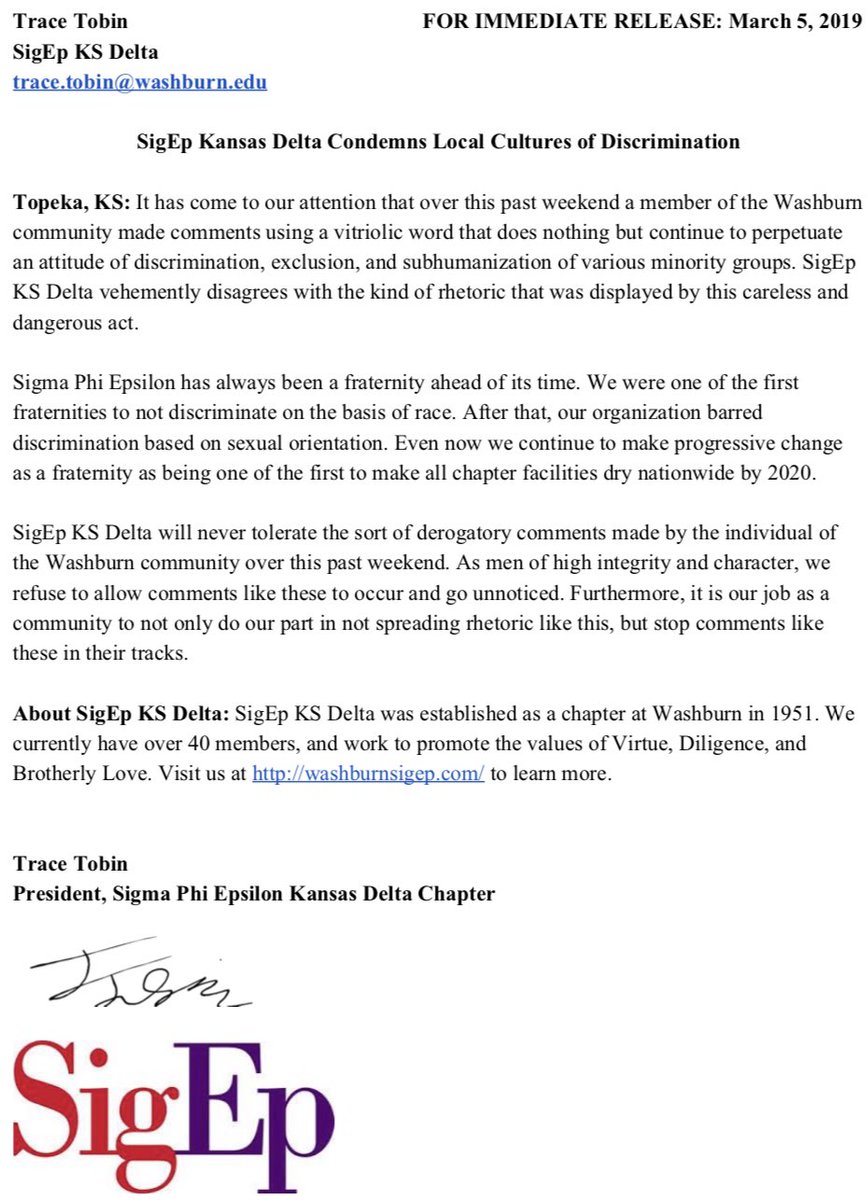 Here’s an official release with the thoughts of our President regarding the comments made by an individual of the Washburn community this weekend. #WUCanDoBetter